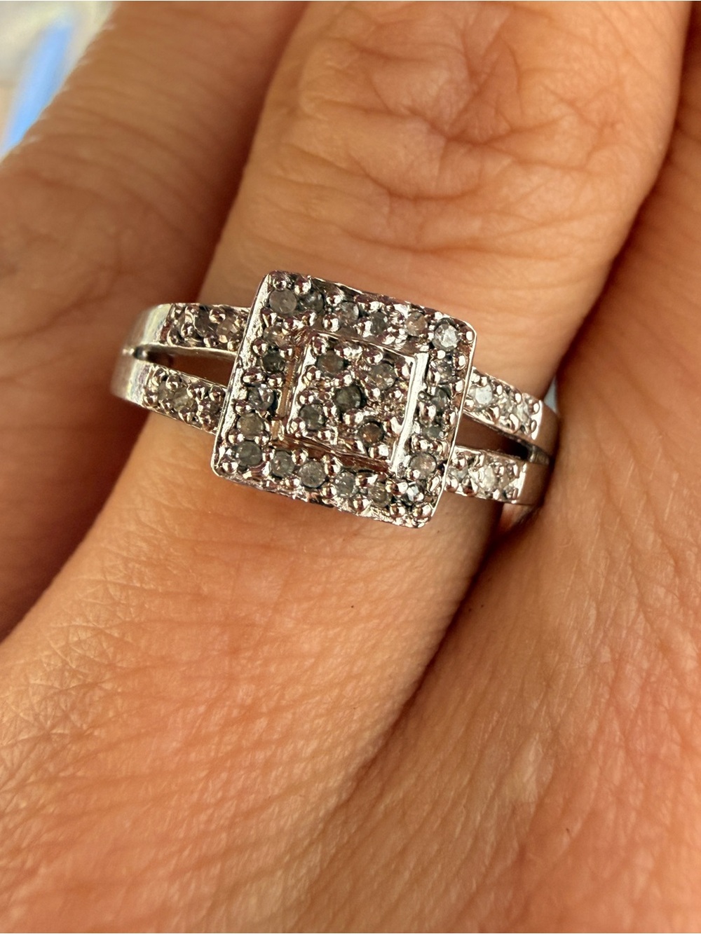 Sterling Silver Square Halo Diamond Ring - White